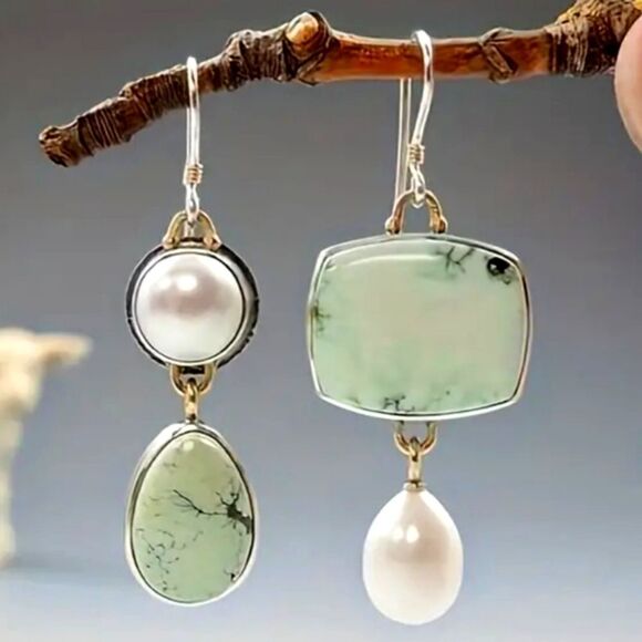 Asymmetrical Design Silvery Drop Earrings Inlaid sintetic Gemstone Jade & Pearl - Picture 1 of 6